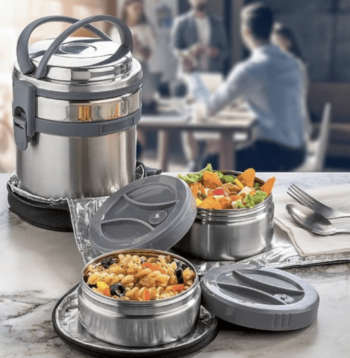 SignoraWare (500+500ml) Signature Stainless Steel Lunch Box Small with Convertible Bag and Mat, Double Wall Insulated Containers, Food Grade BPA Free, Airtight Lids, Dishwasher Safe Boxes (Silver) - Image 3